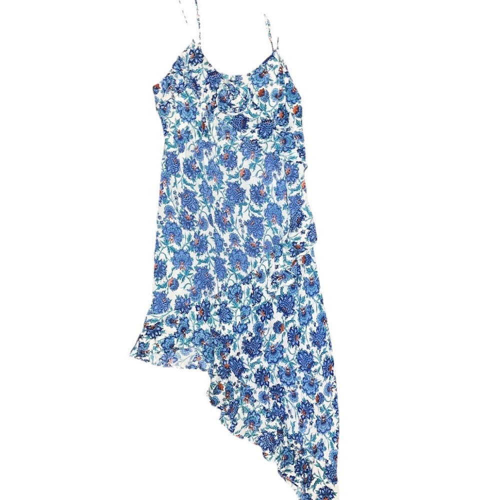 Angie White Blue Floral Sundress Asymmetrical Ruffled Ladies Medium NWT - Picture 1 of 8